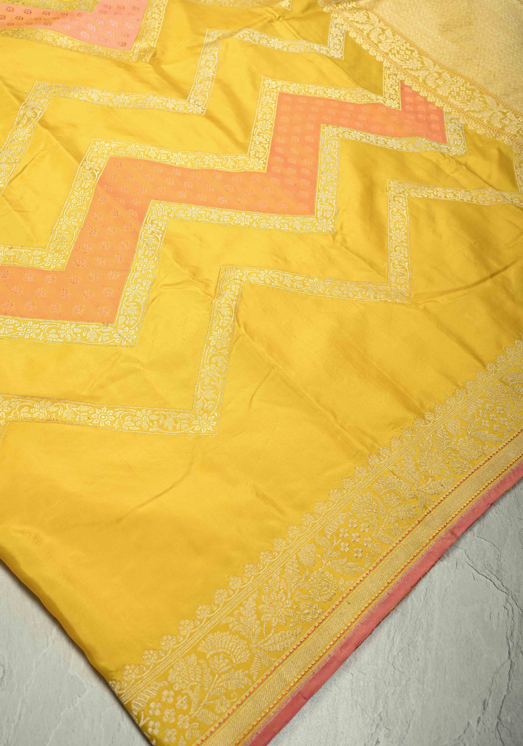 Sunflower Yellow Rangkaat Banarasi Katan Silk saree in chevron Pattern with Khaduwa weave Silver zari Border | SILK MARK CERTIFIED