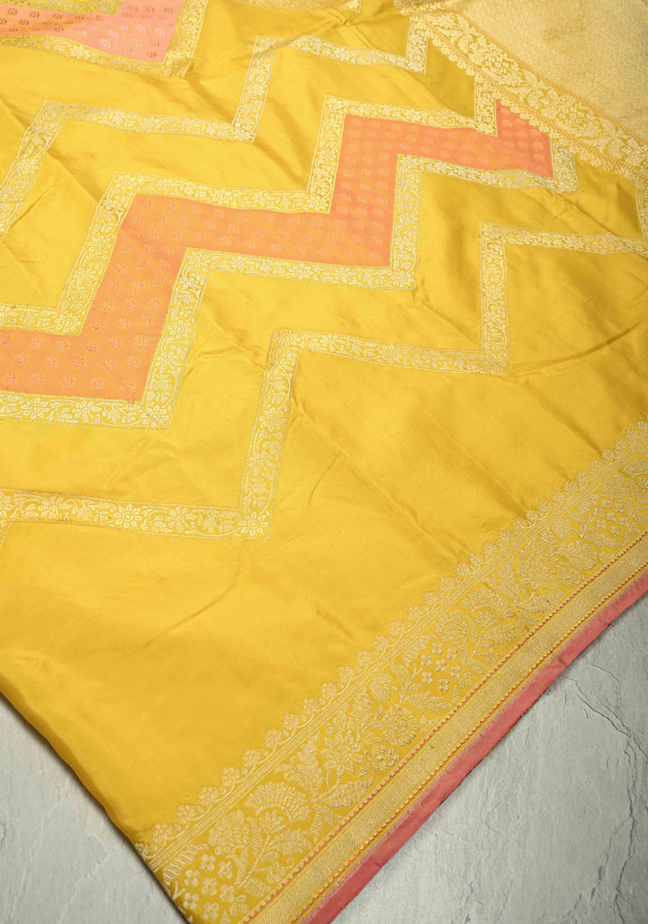Sunflower Yellow Rangkaat Banarasi Katan Silk saree in chevron Pattern with Khaduwa weave Silver zari Border | SILK MARK CERTIFIED