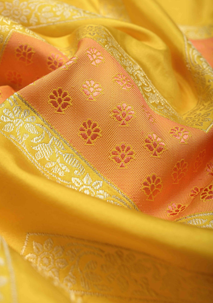 Sunflower Yellow Rangkaat Banarasi Katan Silk saree in chevron Pattern with Khaduwa weave Silver zari Border | SILK MARK CERTIFIED