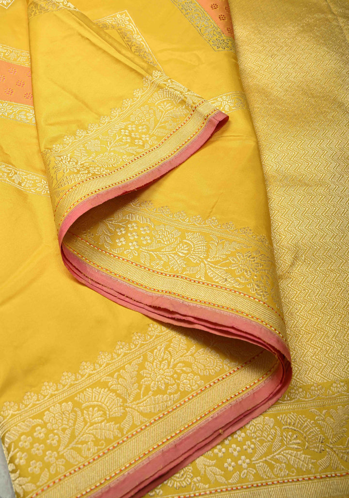 Sunflower Yellow Rangkaat Banarasi Katan Silk saree in chevron Pattern with Khaduwa weave Silver zari Border | SILK MARK CERTIFIED