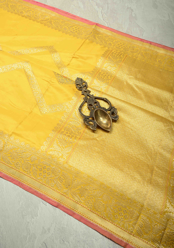 Sunflower Yellow Rangkaat Banarasi Katan Silk saree in chevron Pattern with Khaduwa weave Silver zari Border | SILK MARK CERTIFIED
