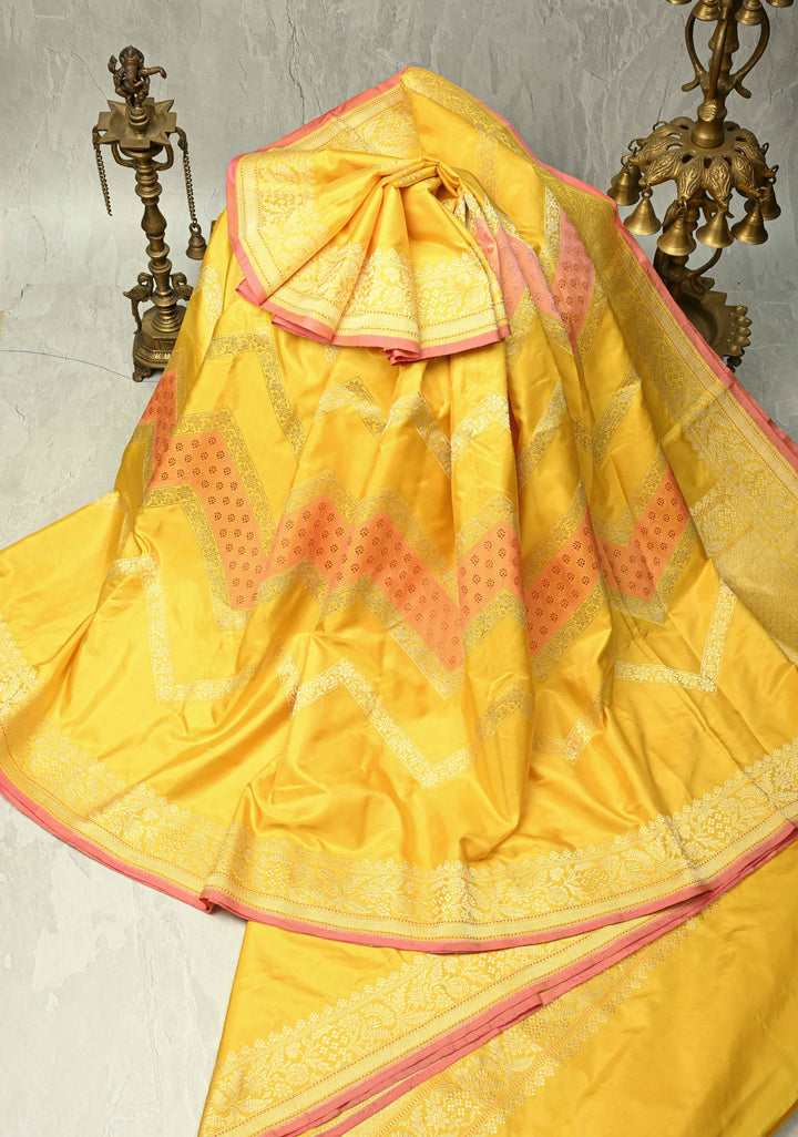 Sunflower Yellow Rangkaat Banarasi Katan Silk saree in chevron Pattern with Khaduwa weave Silver zari Border | SILK MARK CERTIFIED