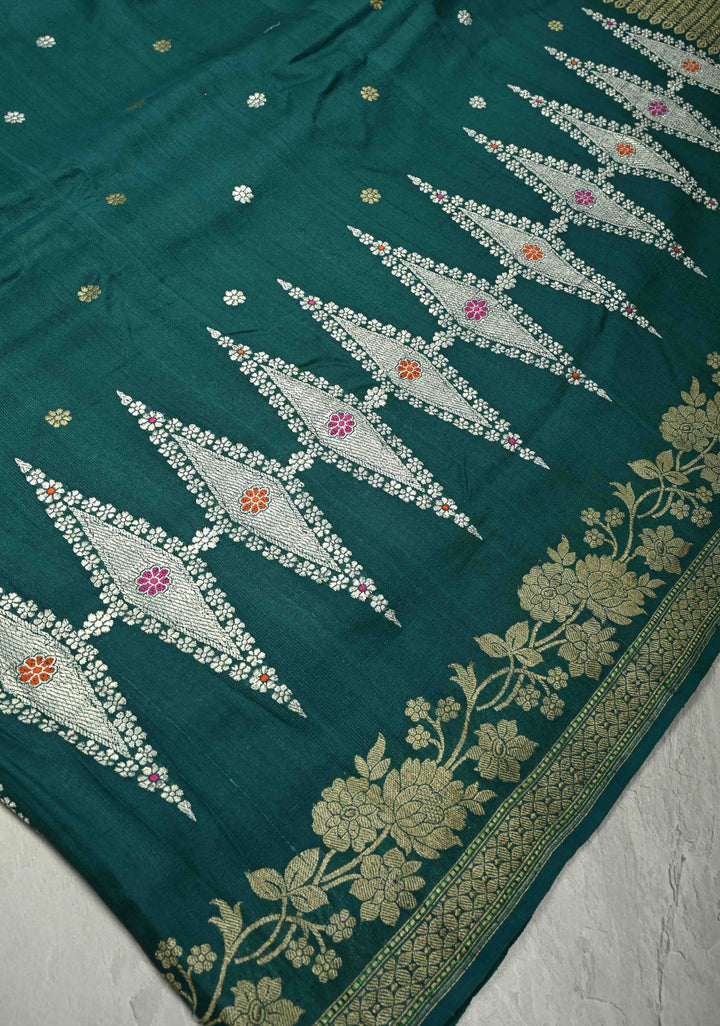 Peacock Green Floral Design on Banarasi Tussar Georgette Saree with Meenakari Diamond Pannel and Zari Border| SILK MARK CERTIFIED