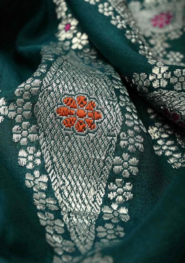 Peacock Green Floral Design on Banarasi Tussar Georgette Saree with Meenakari Diamond Pannel and Zari Border| SILK MARK CERTIFIED