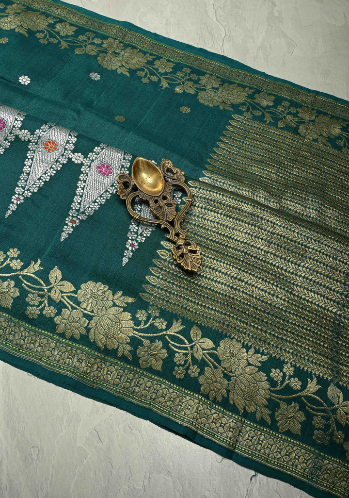 Peacock Green Floral Design on Banarasi Tussar Georgette Saree with Meenakari Diamond Pannel and Zari Border| SILK MARK CERTIFIED