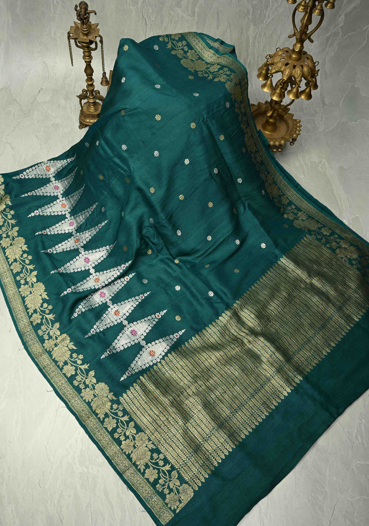 Peacock Green Floral Design on Banarasi Tussar Georgette Saree with Meenakari Diamond Pannel and Zari Border| SILK MARK CERTIFIED