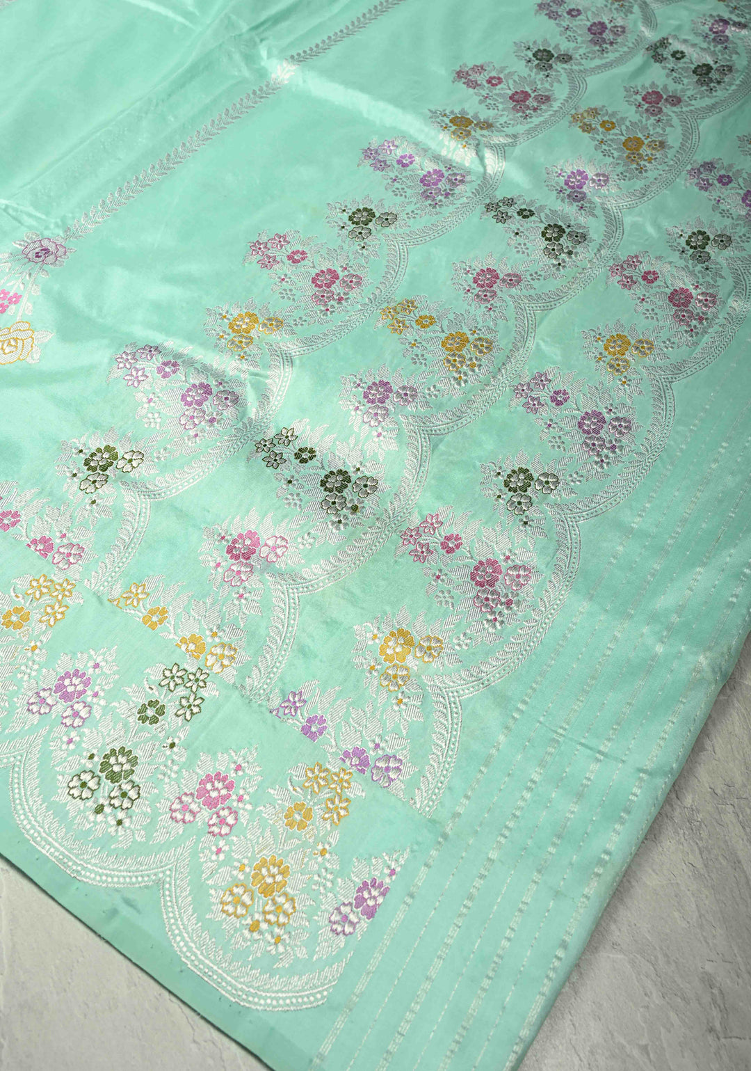Aqua Blue Pure Banarasi Katan Silk Saree with Meenakari Detailing and Zari Border | SILK MARK CERTIFIED