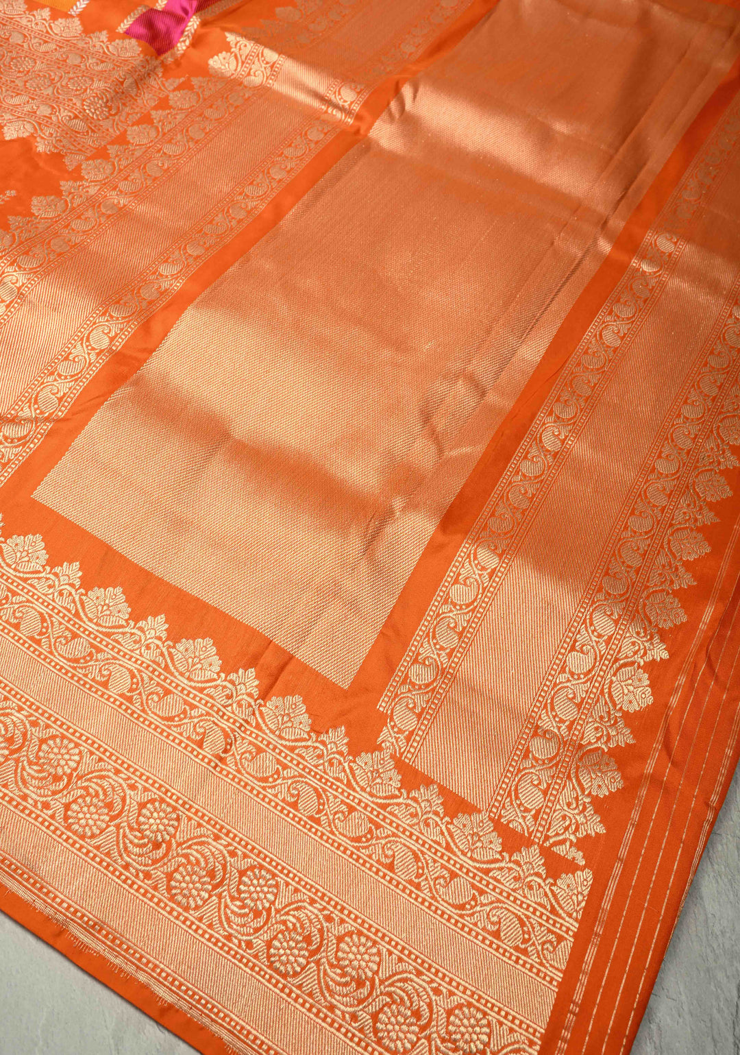 Vibrant Orange Vertical Stripes Half  Rangkaat Banarasi Katan Silk Saree with Zari Butta on Panel Zari Border | SILK MARK CERTIFIED