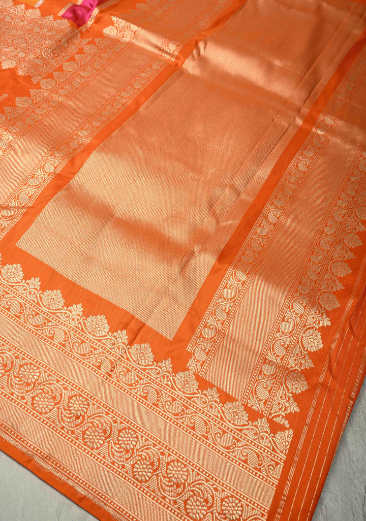 Vibrant Orange Vertical Stripes Half  Rangkaat Banarasi Katan Silk Saree with Zari Butta on Panel Zari Border | SILK MARK CERTIFIED