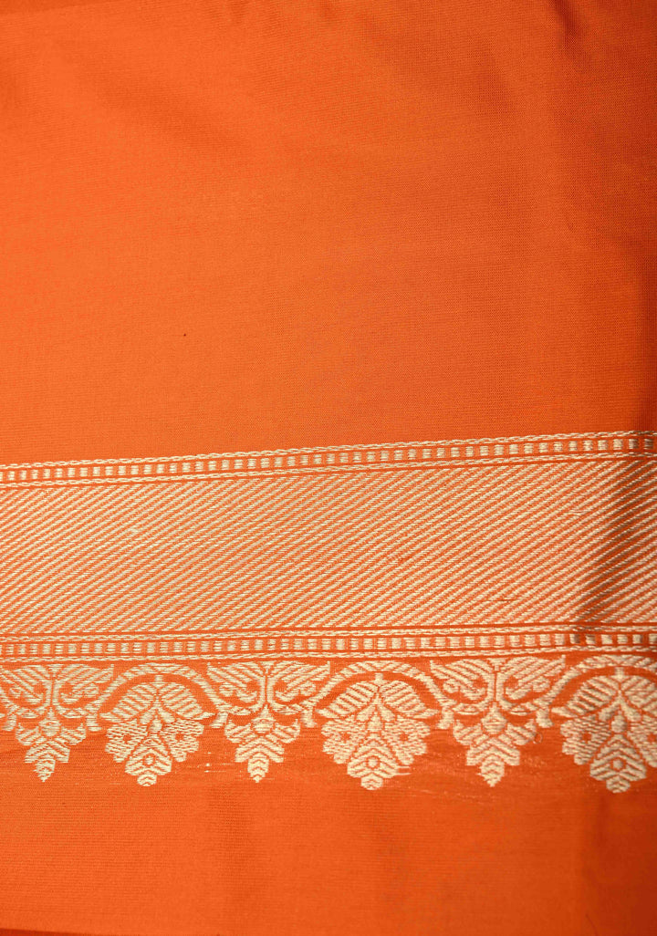 Vibrant Orange Vertical Stripes Half  Rangkaat Banarasi Katan Silk Saree with Zari Butta on Panel Zari Border | SILK MARK CERTIFIED