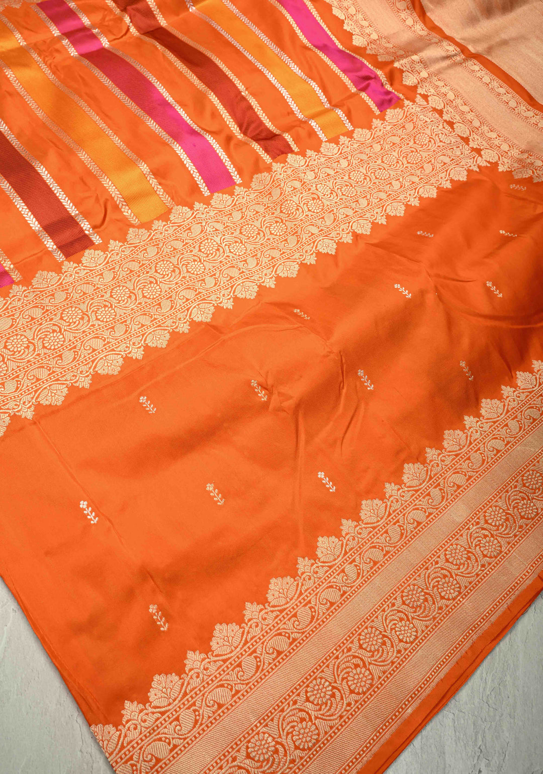 Vibrant Orange Vertical Stripes Half  Rangkaat Banarasi Katan Silk Saree with Zari Butta on Panel Zari Border | SILK MARK CERTIFIED