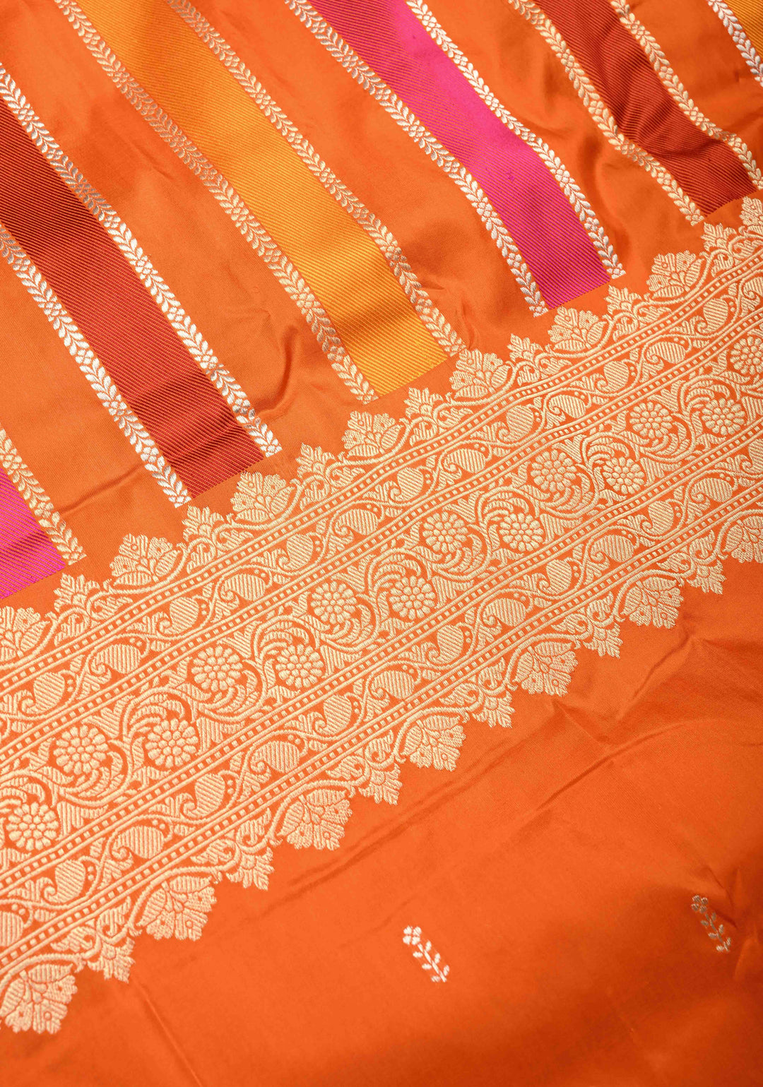 Vibrant Orange Vertical Stripes Half  Rangkaat Banarasi Katan Silk Saree with Zari Butta on Panel Zari Border | SILK MARK CERTIFIED