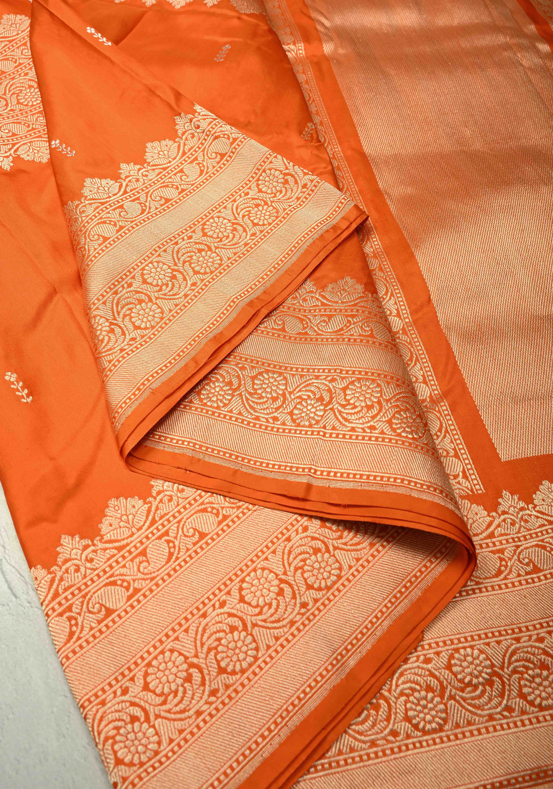 Vibrant Orange Vertical Stripes Half  Rangkaat Banarasi Katan Silk Saree with Zari Butta on Panel Zari Border | SILK MARK CERTIFIED