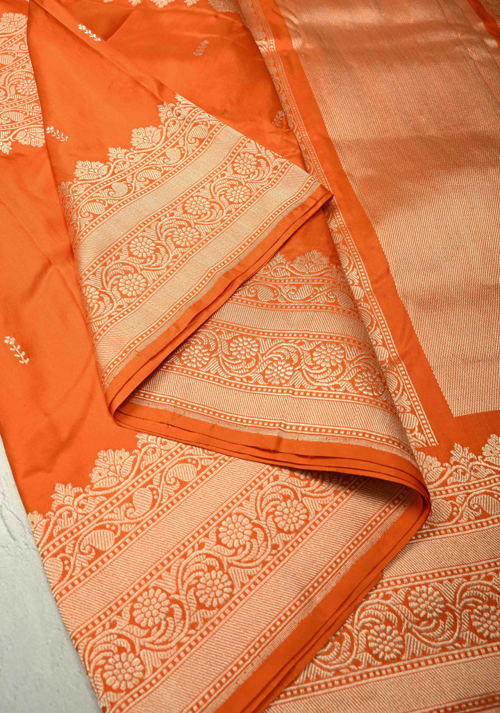 Vibrant Orange Vertical Stripes Half  Rangkaat Banarasi Katan Silk Saree with Zari Butta on Panel Zari Border | SILK MARK CERTIFIED