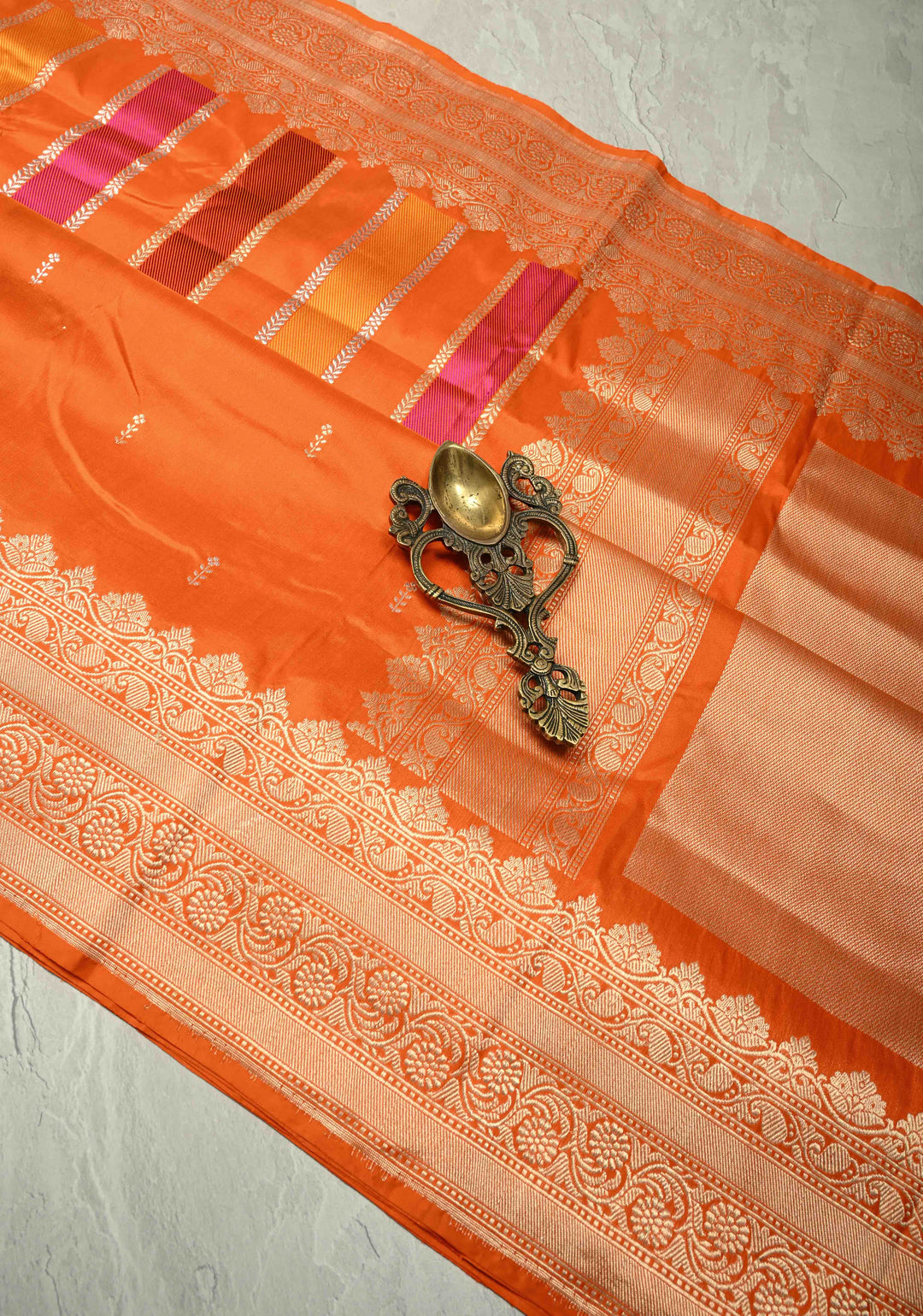 Vibrant Orange Vertical Stripes Half  Rangkaat Banarasi Katan Silk Saree with Zari Butta on Panel Zari Border | SILK MARK CERTIFIED