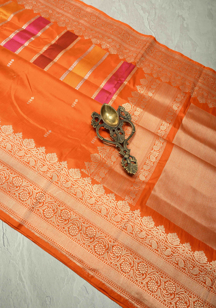 Vibrant Orange Vertical Stripes Half  Rangkaat Banarasi Katan Silk Saree with Zari Butta on Panel Zari Border | SILK MARK CERTIFIED