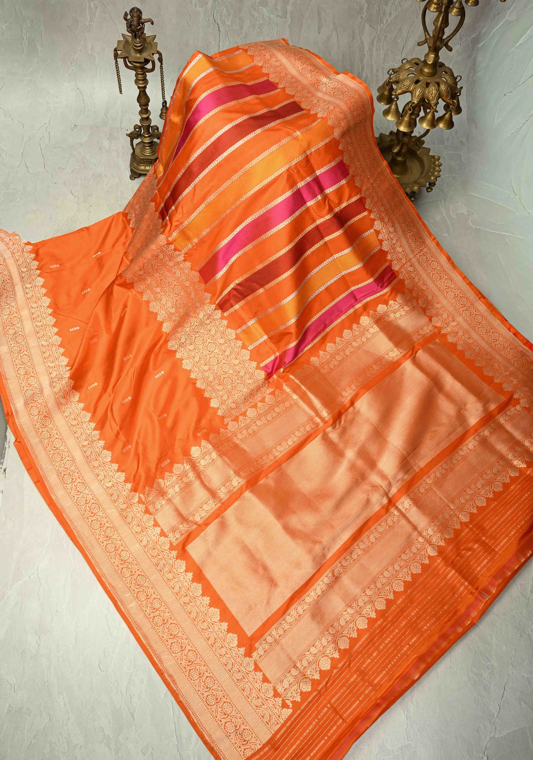 Vibrant Orange Vertical Stripes Half  Rangkaat Banarasi Katan Silk Saree with Zari Butta on Panel Zari Border | SILK MARK CERTIFIED