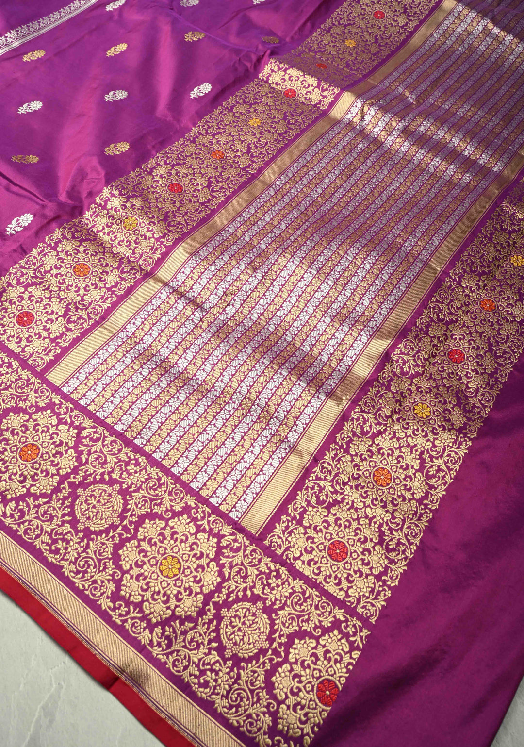 Purple-Red Dual Tone Pure Banarasi Silk Saree with Floral Sona Rupa Buttas on Bottom and Kaduwa Meenakari  Border| SILK MARK CERTIFIED