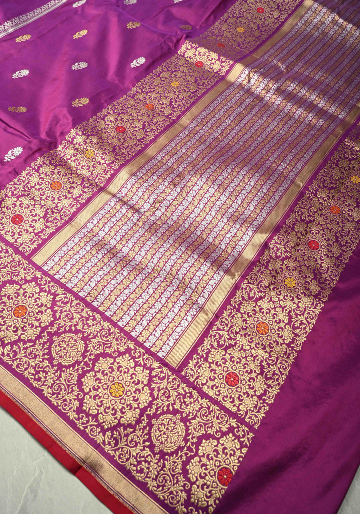 Purple-Red Dual Tone Pure Banarasi Silk Saree with Floral Sona Rupa Buttas on Bottom and Kaduwa Meenakari  Border| SILK MARK CERTIFIED