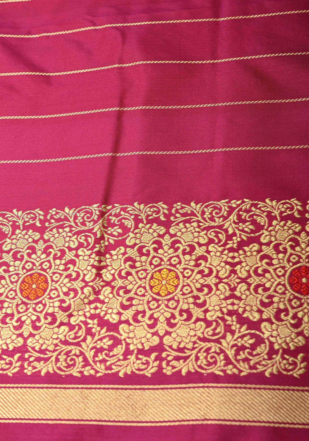 Purple-Red Dual Tone Pure Banarasi Silk Saree with Floral Sona Rupa Buttas on Bottom and Kaduwa Meenakari  Border| SILK MARK CERTIFIED
