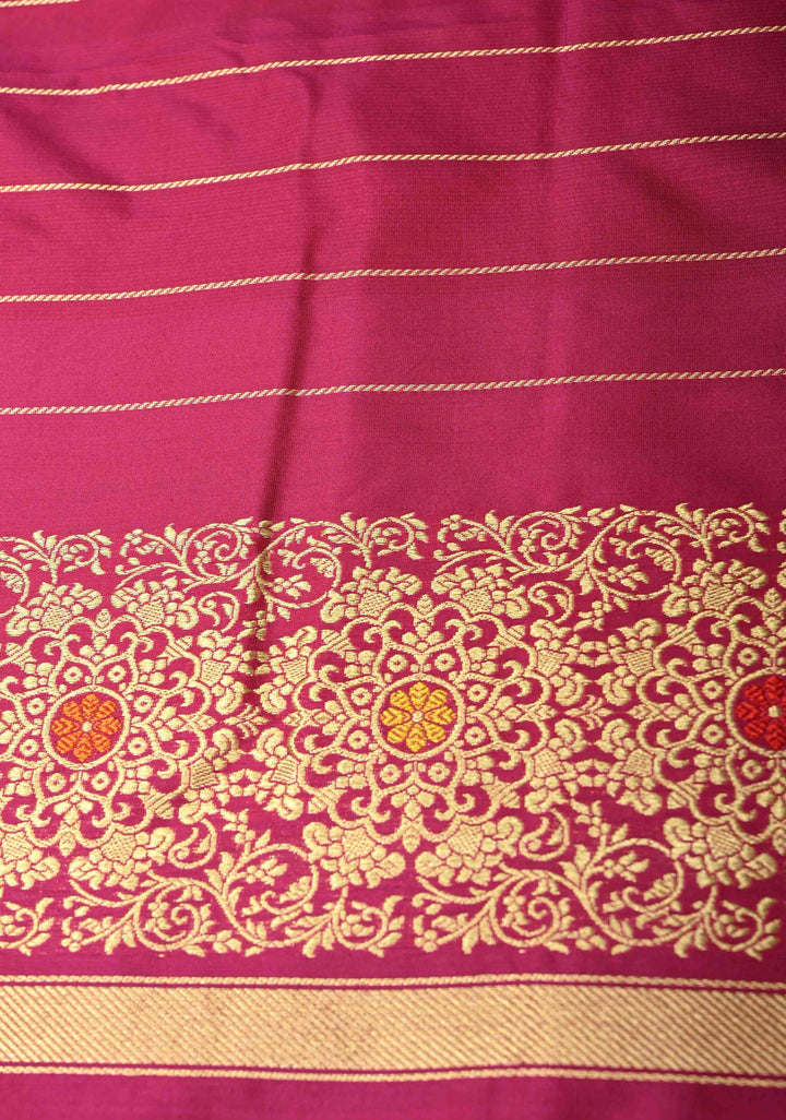 Purple-Red Dual Tone Pure Banarasi Silk Saree with Floral Sona Rupa Buttas on Bottom and Kaduwa Meenakari  Border| SILK MARK CERTIFIED