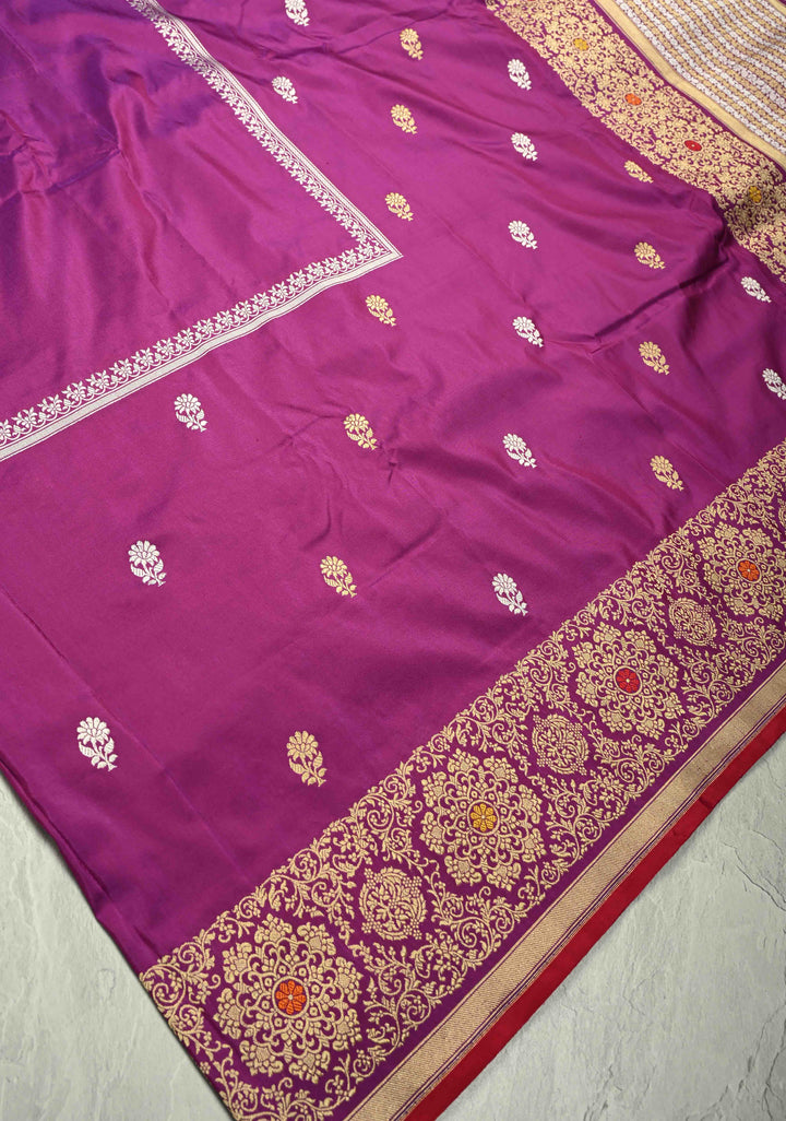 Purple-Red Dual Tone Pure Banarasi Silk Saree with Floral Sona Rupa Buttas on Bottom and Kaduwa Meenakari  Border| SILK MARK CERTIFIED