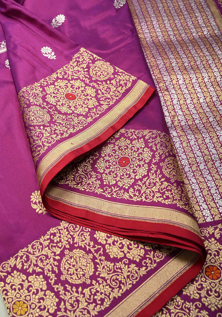 Purple-Red Dual Tone Pure Banarasi Silk Saree with Floral Sona Rupa Buttas on Bottom and Kaduwa Meenakari  Border| SILK MARK CERTIFIED
