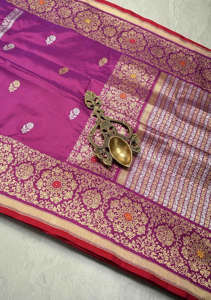 Purple-Red Dual Tone Pure Banarasi Silk Saree with Floral Sona Rupa Buttas on Bottom and Kaduwa Meenakari  Border| SILK MARK CERTIFIED
