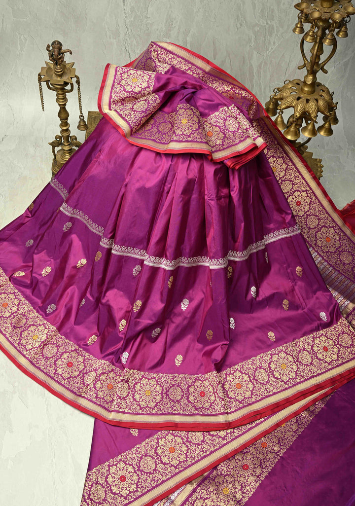 Purple-Red Dual Tone Pure Banarasi Silk Saree with Floral Sona Rupa Buttas on Bottom and Kaduwa Meenakari  Border| SILK MARK CERTIFIED