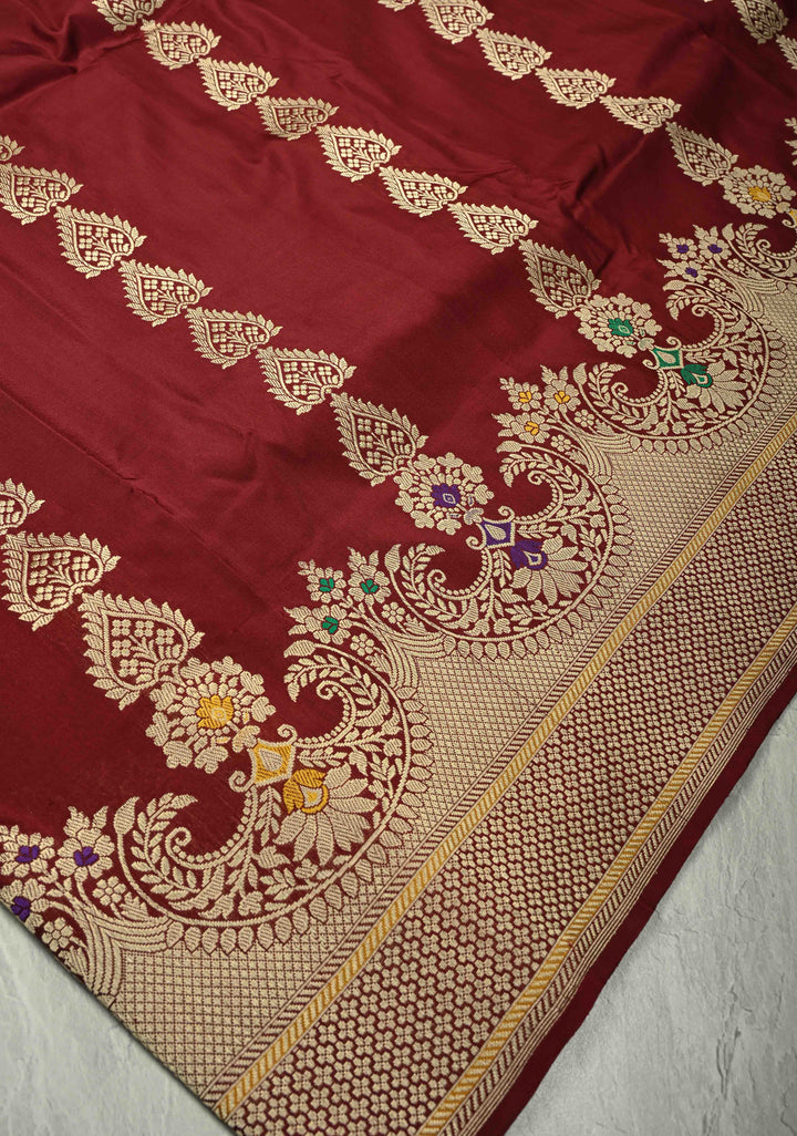 Chocolate Brown Banarasi Pure Katan Silk Saree with Zari Detailing and Meenakari Ornate Scallop Border| SILK MARK CERTIFIED