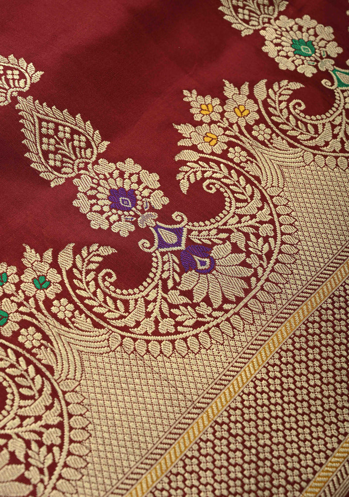 Chocolate Brown Banarasi Pure Katan Silk Saree with Zari Detailing and Meenakari Ornate Scallop Border| SILK MARK CERTIFIED
