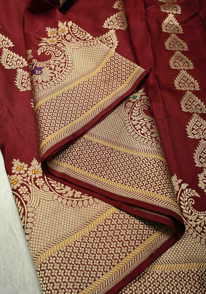 Chocolate Brown Banarasi Pure Katan Silk Saree with Zari Detailing and Meenakari Ornate Scallop Border| SILK MARK CERTIFIED