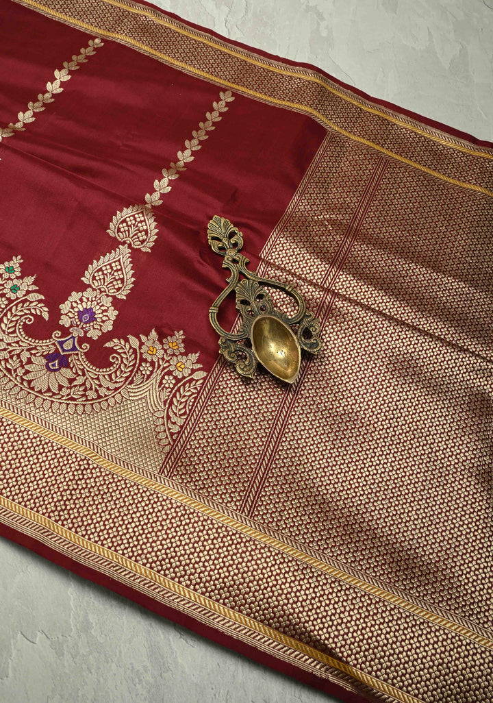 Chocolate Brown Banarasi Pure Katan Silk Saree with Zari Detailing and Meenakari Ornate Scallop Border| SILK MARK CERTIFIED