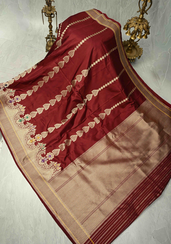 Chocolate Brown Banarasi Pure Katan Silk Saree with Zari Detailing and Meenakari Ornate Scallop Border| SILK MARK CERTIFIED