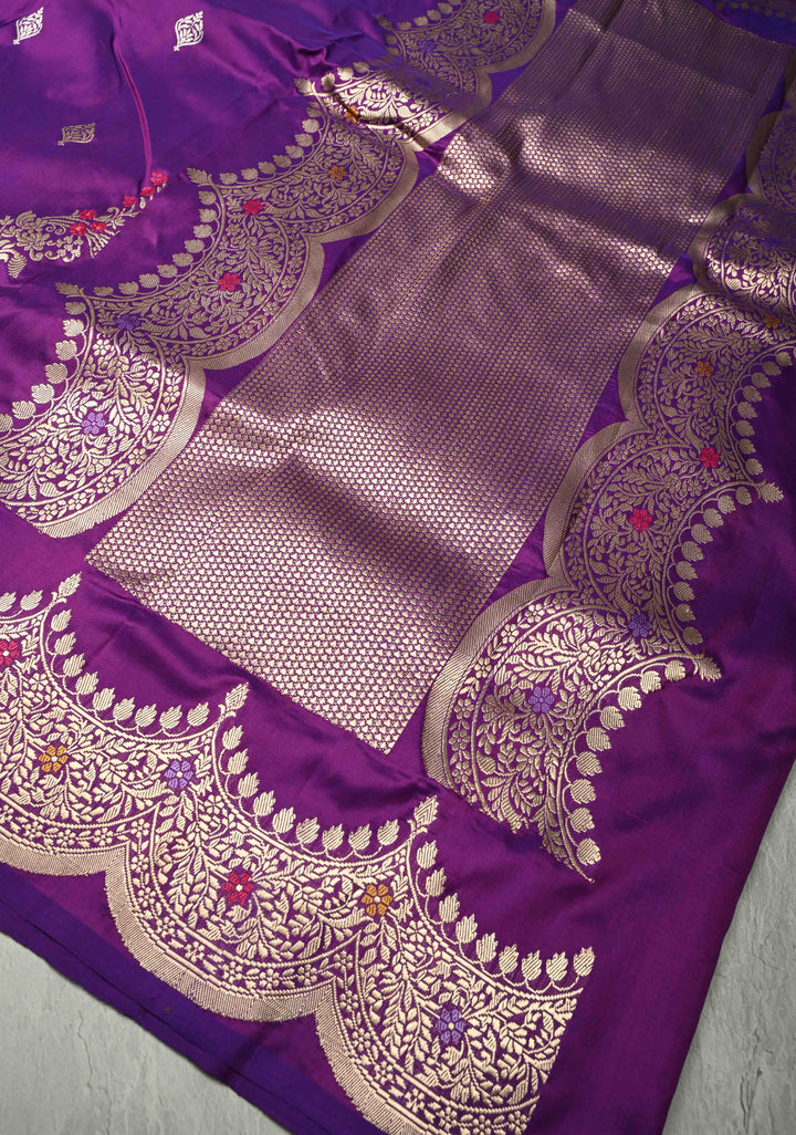Purple Dual Tone Pure Banarasi katan silk saree with Kadhuwa Jungla Meenakari Sona Rupa Buttas and Scallop Border |SILK MARK CERTIFIED