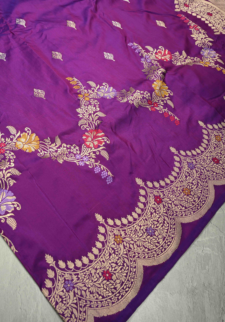 Purple Dual Tone Pure Banarasi katan silk saree with Kadhuwa Jungla Meenakari Sona Rupa Buttas and Scallop Border |SILK MARK CERTIFIED