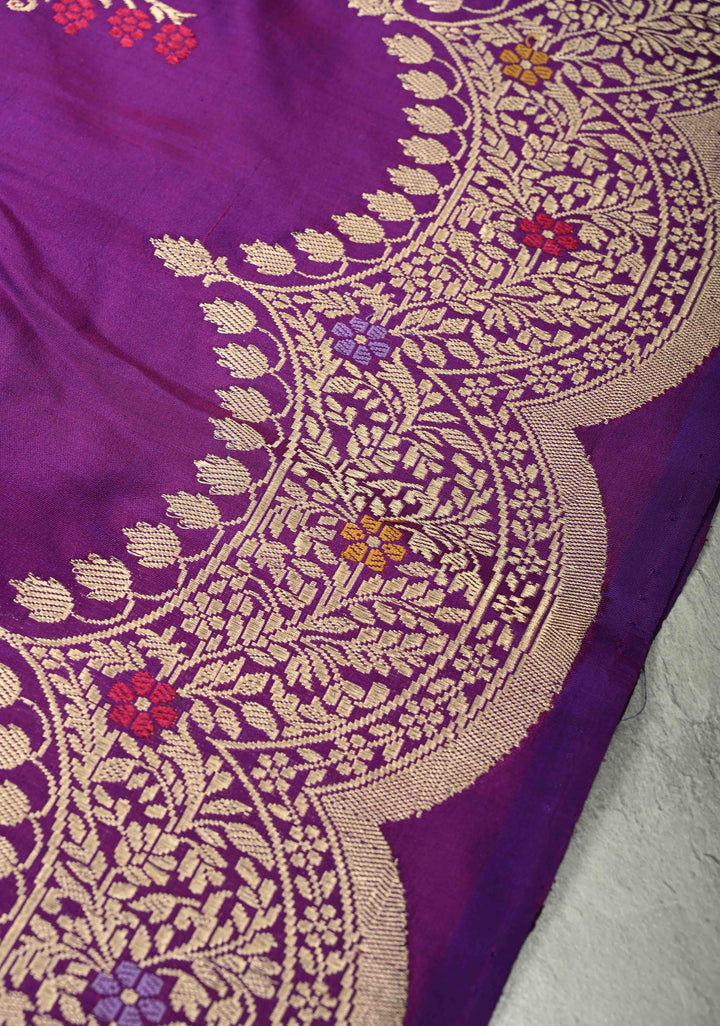 Purple Dual Tone Pure Banarasi katan silk saree with Kadhuwa Jungla Meenakari Sona Rupa Buttas and Scallop Border |SILK MARK CERTIFIED