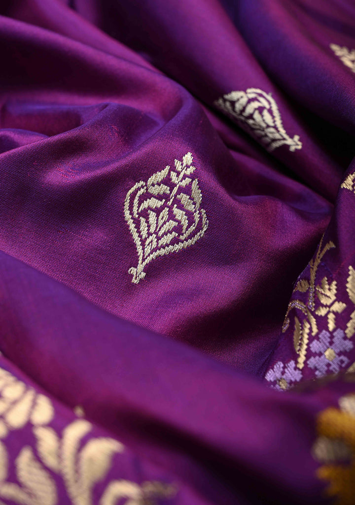 Purple Dual Tone Pure Banarasi katan silk saree with Kadhuwa Jungla Meenakari Sona Rupa Buttas and Scallop Border |SILK MARK CERTIFIED