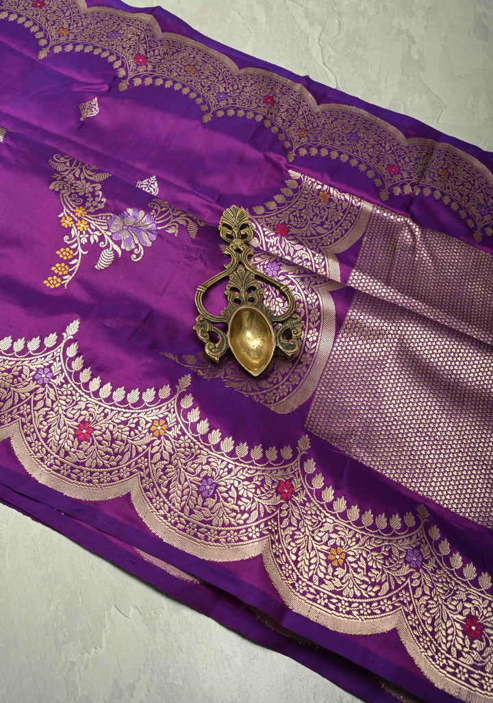 Purple Dual Tone Pure Banarasi katan silk saree with Kadhuwa Jungla Meenakari Sona Rupa Buttas and Scallop Border |SILK MARK CERTIFIED