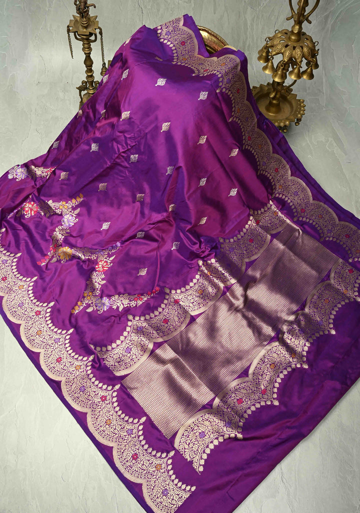 Purple Dual Tone Pure Banarasi katan silk saree with Kadhuwa Jungla Meenakari Sona Rupa Buttas and Scallop Border |SILK MARK CERTIFIED