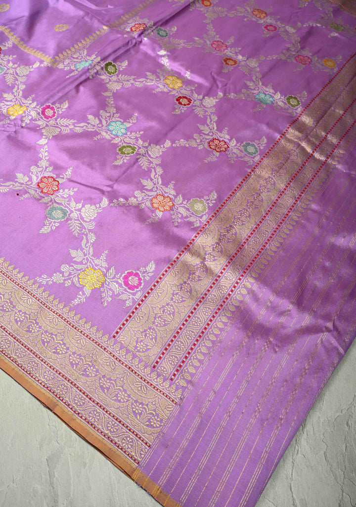 Lilac Kadhuwa Jungla Jaal on Pure Banarasi Katan silk saree with Zari Buttas and Zari Border   | SILK MARK CERTIFIED