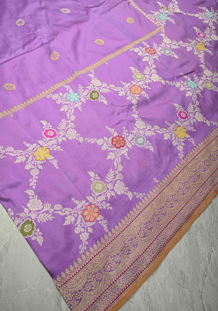Lilac Kadhuwa Jungla Jaal on Pure Banarasi Katan silk saree with Zari Buttas and Zari Border   | SILK MARK CERTIFIED