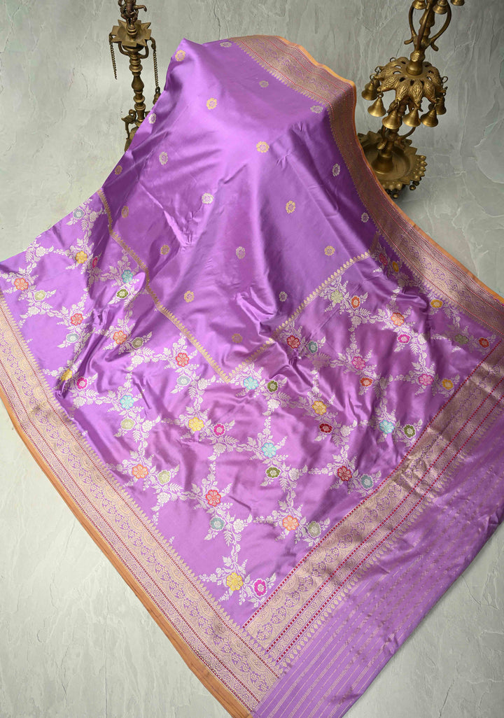 Lilac Kadhuwa Jungla Jaal on Pure Banarasi Katan silk saree with Zari Buttas and Zari Border   | SILK MARK CERTIFIED