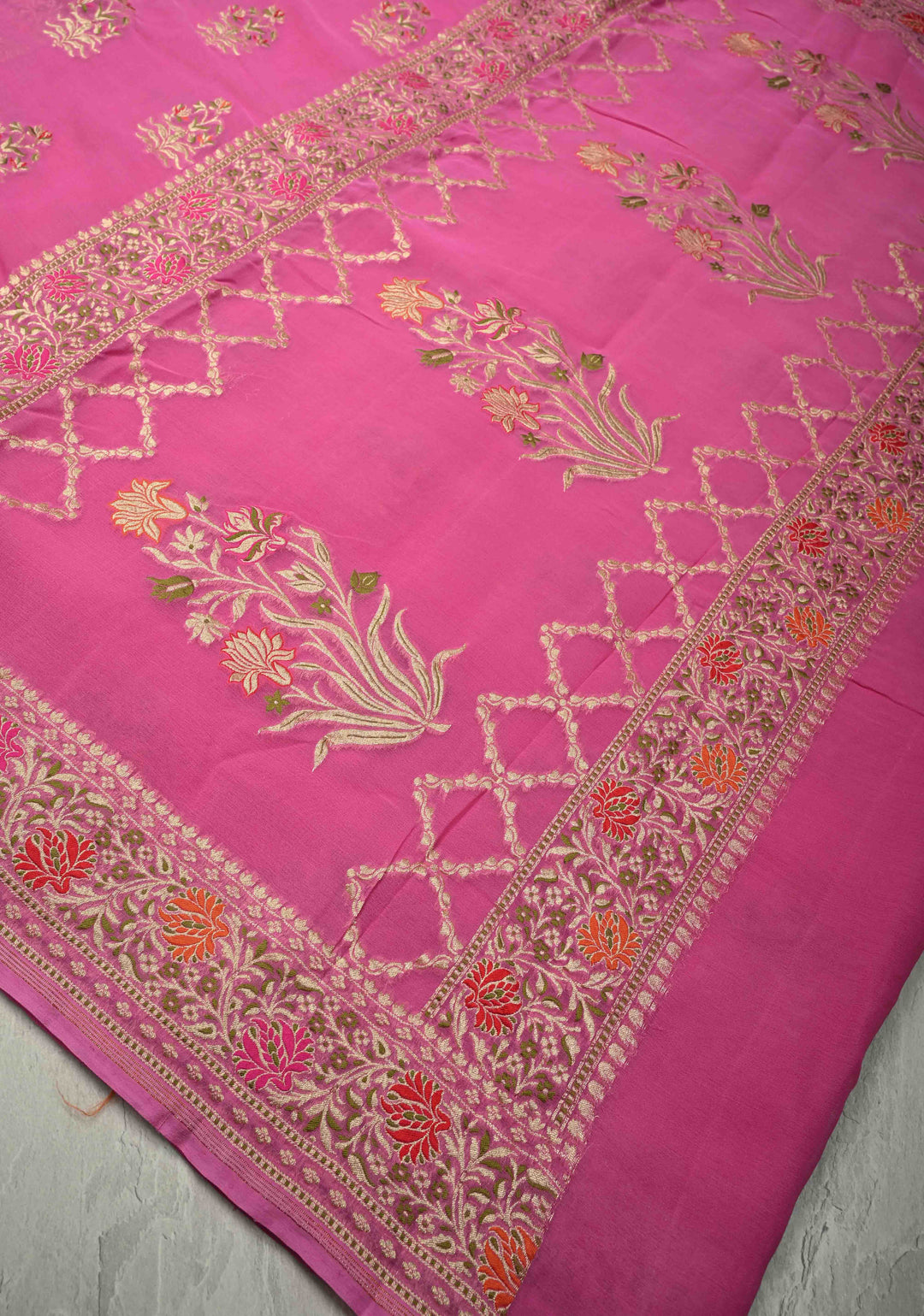 Thistle Banarasi georgette silk saree with Persian design Meenakari floral Butta with Ornate Border | SILK MARK CERTIFIED