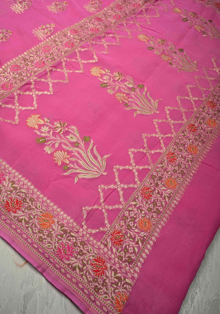 Thistle Banarasi georgette silk saree with Persian design Meenakari floral Butta with Ornate Border | SILK MARK CERTIFIED