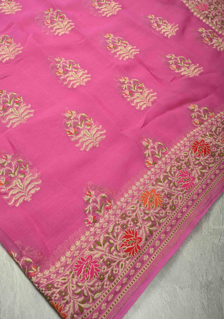 Thistle Banarasi georgette silk saree with Persian design Meenakari floral Butta with Ornate Border | SILK MARK CERTIFIED