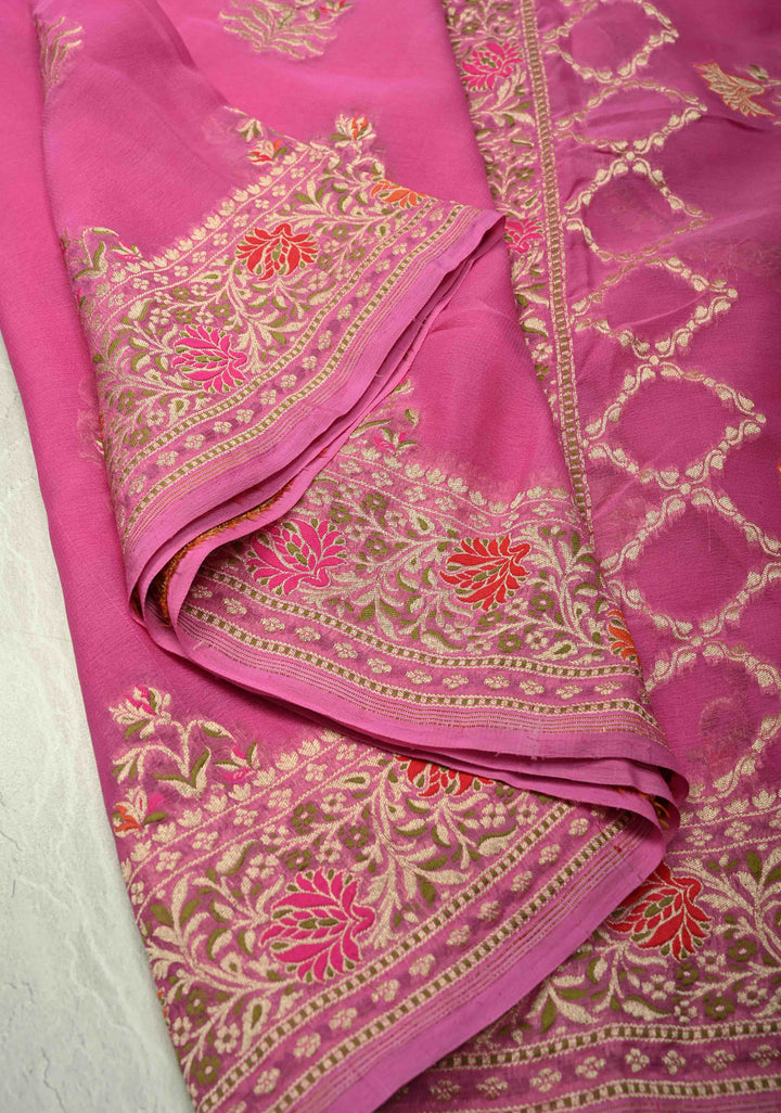 Thistle Banarasi georgette silk saree with Persian design Meenakari floral Butta with Ornate Border | SILK MARK CERTIFIED