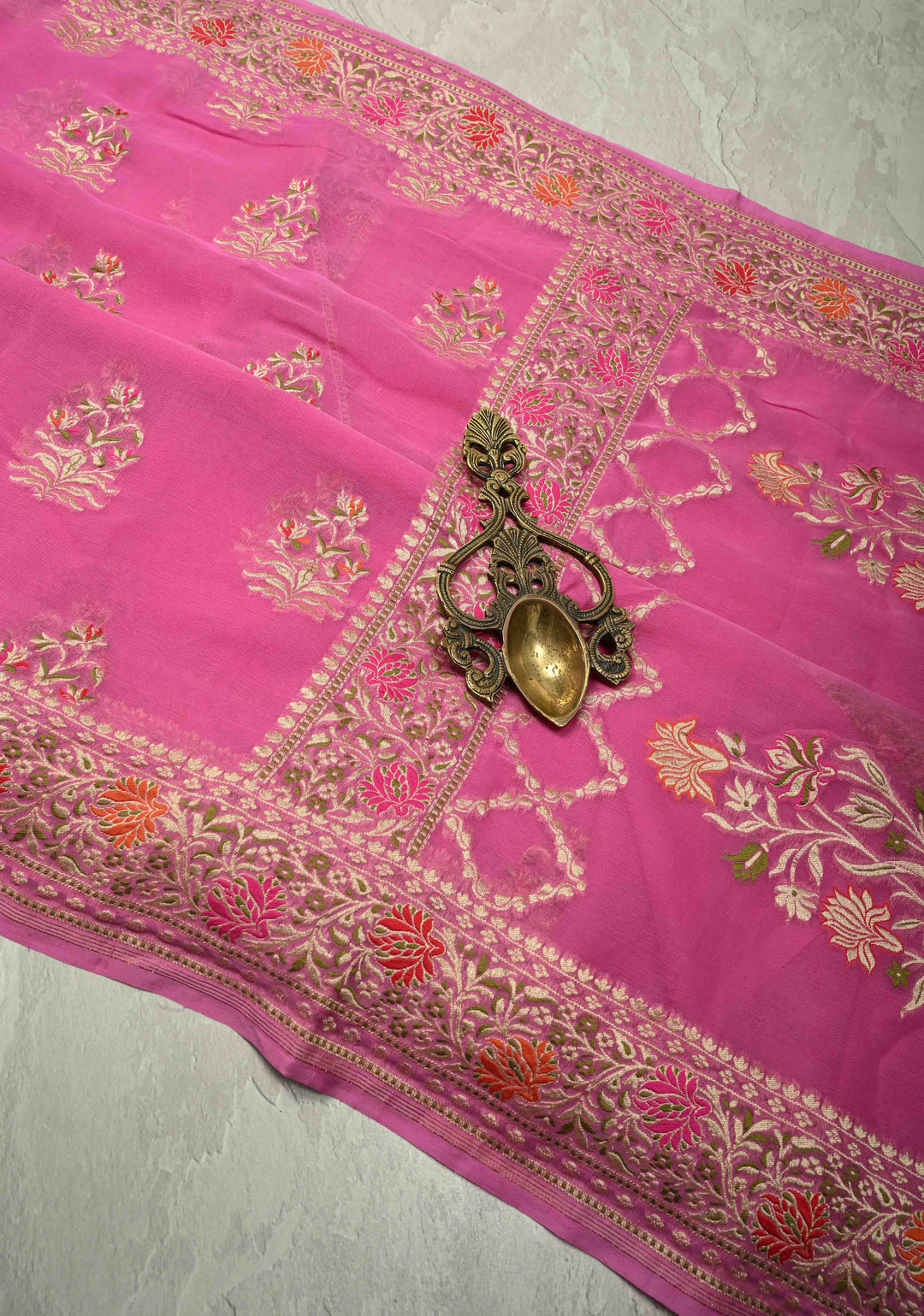 Thistle Banarasi georgette silk saree with Persian design Meenakari floral Butta with Ornate Border | SILK MARK CERTIFIED