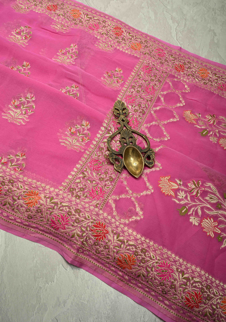 Thistle Banarasi georgette silk saree with Persian design Meenakari floral Butta with Ornate Border | SILK MARK CERTIFIED