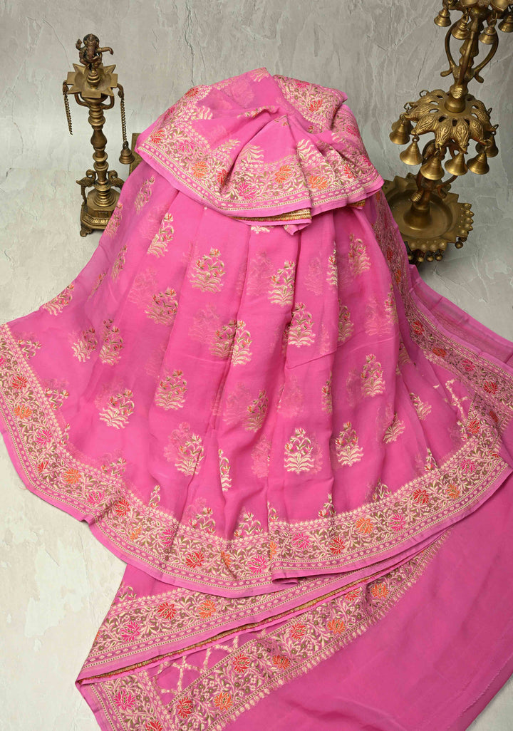 Thistle Banarasi georgette silk saree with Persian design Meenakari floral Butta with Ornate Border | SILK MARK CERTIFIED